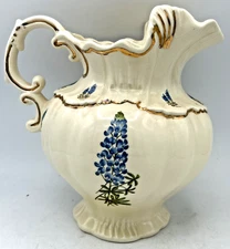 VTG Arnel's White Ceramic Water Pitcher 7" Blue Bonnet Floral & Gold Painted