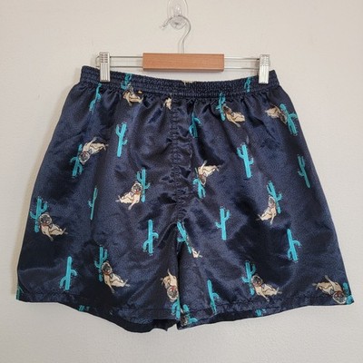 Anko Mens Large Navy Blue Pug Dog Cactus Print Satin Sleep Boxer Shorts Novelty