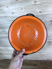 Vintage MCM Orange Enamelware Colander With Handles 8” Diameter Black Trim
