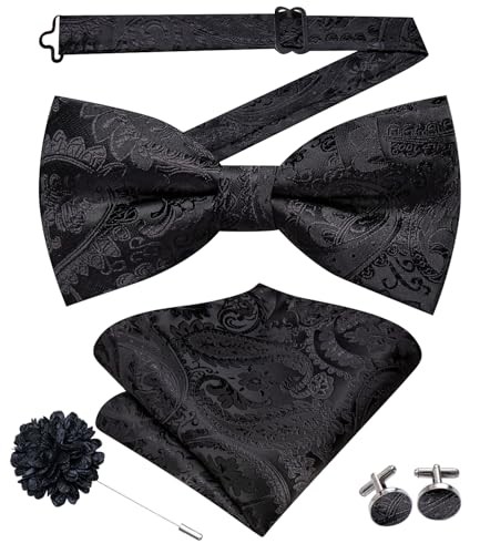 Men's Pre-Tied Bow Tie Set with Black Paisley Floral Pocket Square & Lapel Pin