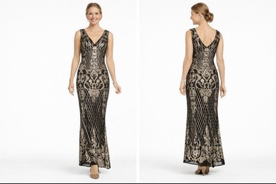 R & M Richards Long Formal Sequin Gown Dress 14 Black Gold 3895 NEW
