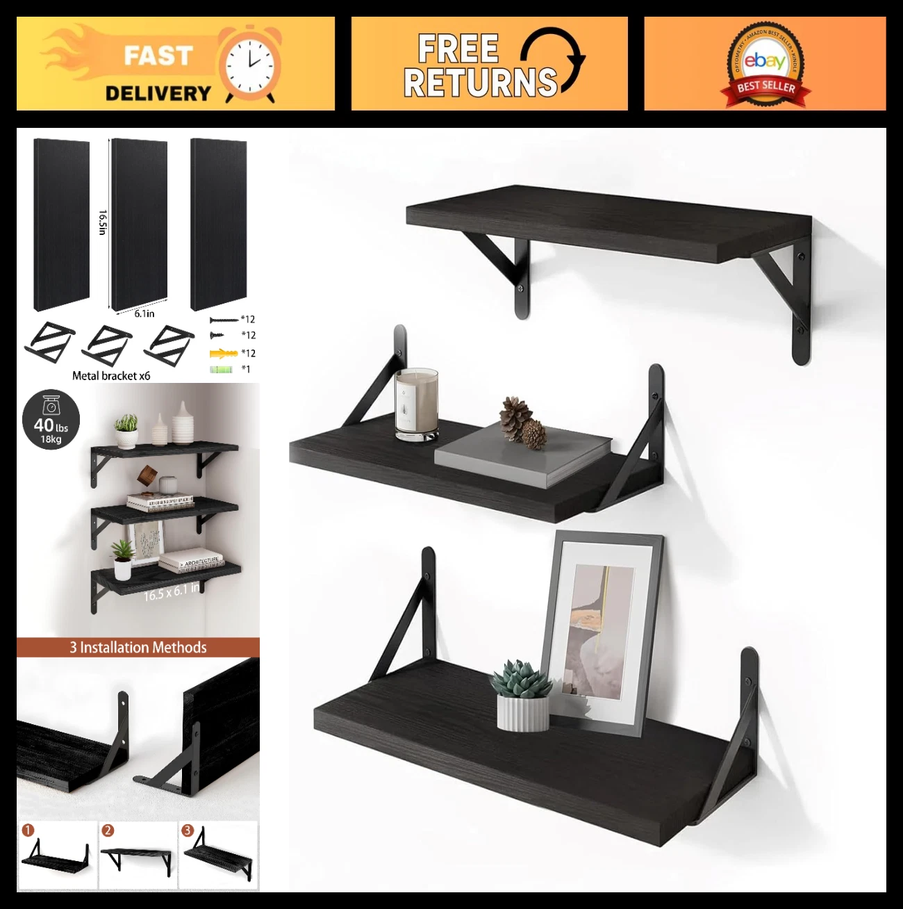 Set of 3 Black Wood Floating Shelves for Wall Storage & Room Decor, 16.5