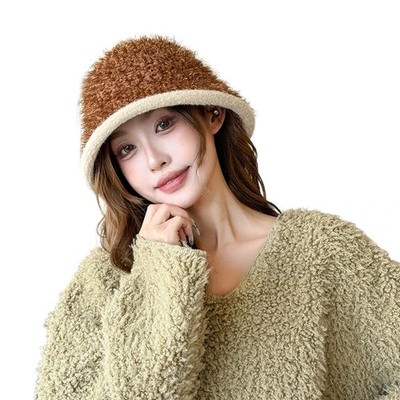 Womens Fuzzy Knit Bucket Hat Winter Plush Fisherman Beanie Big Head Cover Bonnet
