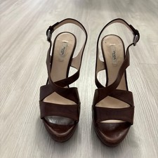 Prada Milano Sandals Women Leather Strappy Platform Stiletto Dark Brown Size 39