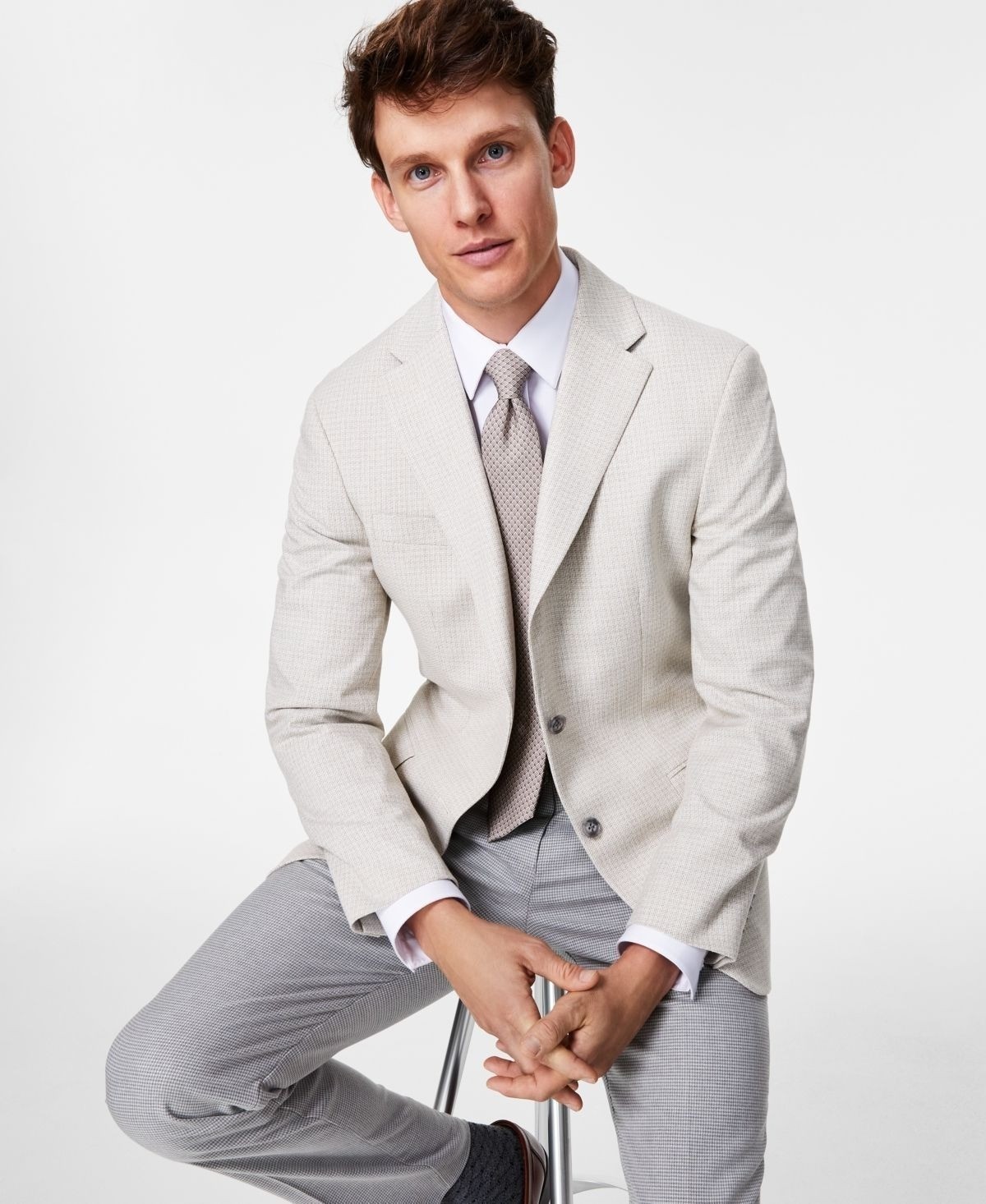 Tommy Hilfiger Mens Modern Fit Tan Check Sport Coat White Tan Size 44S NWT image 3