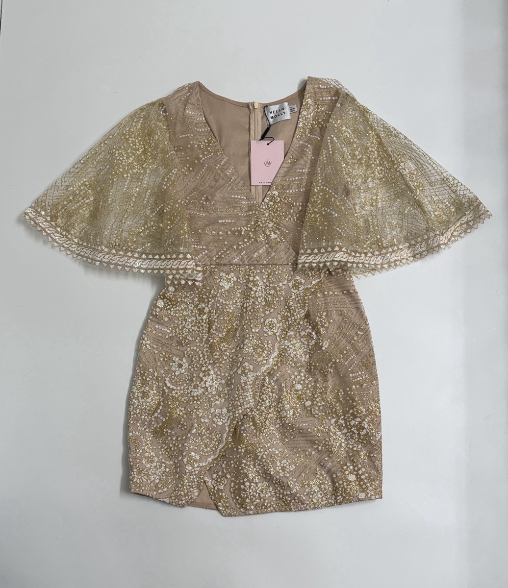 NWT Hello Molly Evening Sun Dress Champagne Sequin Mini Gold Glitter Sz 6  Medium | eBay