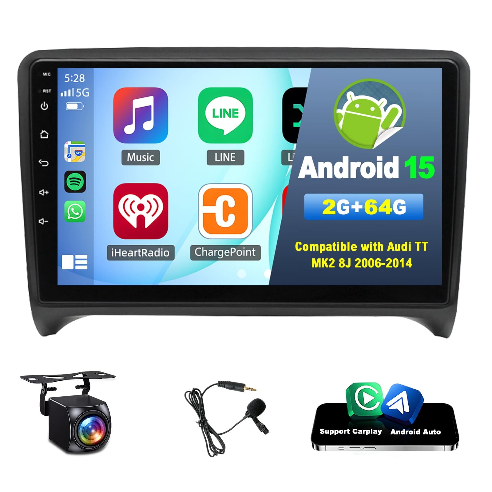 Android 15 Double Din Car Stereo 2G+64G 9" Touchscreen Wireless CarPlay for TT