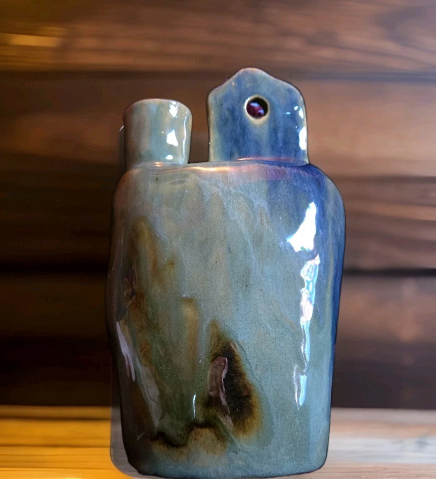 Frasco/jarrón colgante de cerámica de estudio de arte de esmalte verde/azul vintage de 9" firmado Foto 3 de 4