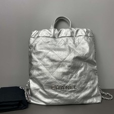 Chanel 22 Backpack Silver Metallic Crinkle Leather Chain Drawstring Bag