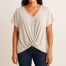 GARNET HILL Organic Cotton Blend Beige Draped V-Neck Blouse Top Large High-Low