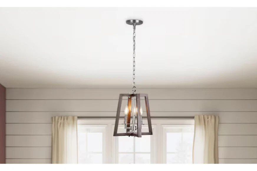 Nuevo colgante de iluminación Progress 3 luces Forrester madera de teca linterna de níquel satinado Foto 4 de 4