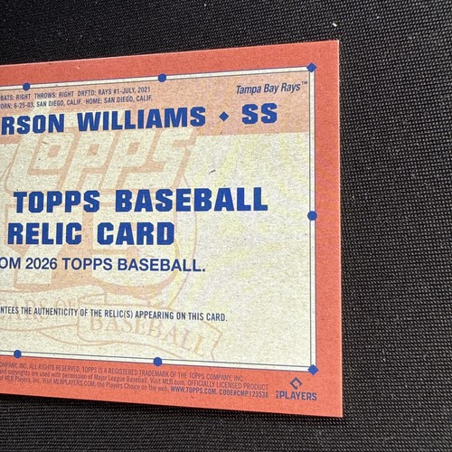 Camiseta deportiva Carson Williams Rookie usada en juegos RC 2026 Topps Serie 1 1991 #91R-CW - Imagen 8 de 8