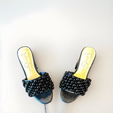 Jessica Simpson Black Beaded Mule Sandals Slip-On Block Heel Open Toe 6.5M