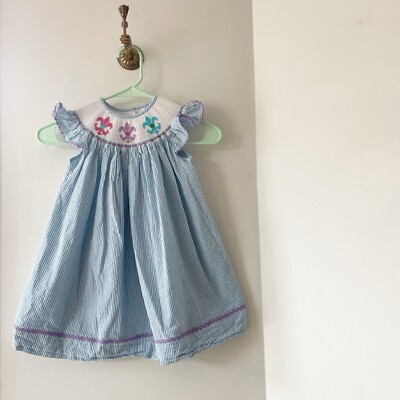 blue mardi gras dress Krewe Smocked Seersucker | 2T Color:Dusty Rose Waist lined in Stretch summer white Fiona Black Satin Square