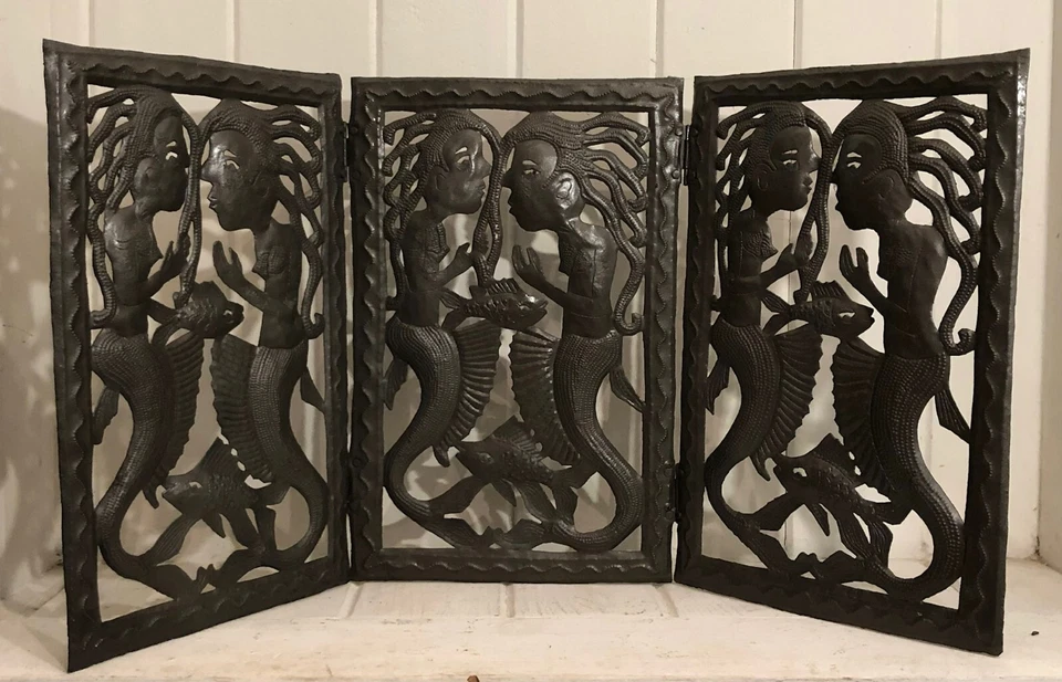SCREEN Panels Tryptic Wall sculpture art from recycled Metal - Mermaids - Image 2 of 4