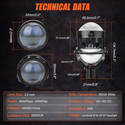 2.5'' Bi LED Headlight Projector Lens Hi/Lo 100W Car Retrofit Universal VS Xenon - Picture 15 of 15