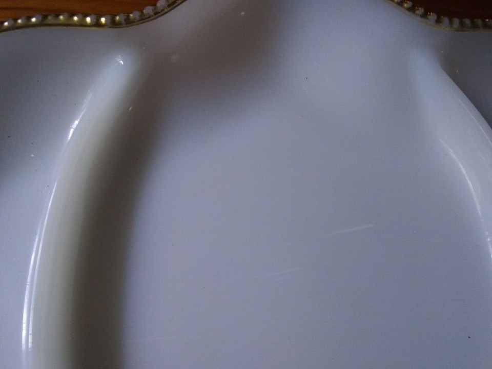 FIRE KING 3Section Serving Dish White Glass Gold Bead Trim eBay