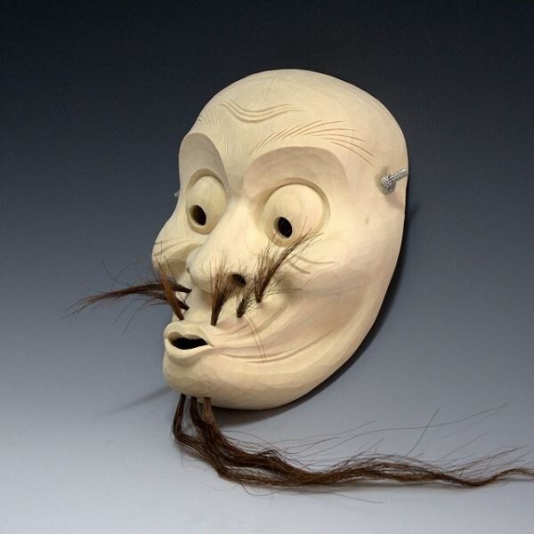 Hyottoko Mask wooden Omen Noh Kabuki long beard cosplay Hand made
