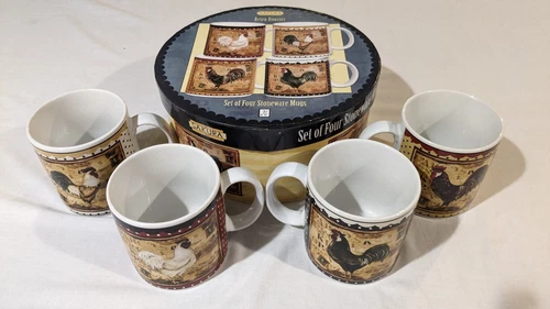 Set of 4 Sakura Retro Rooster Stoneware Mugs NEW In Box Micro & Dishwasher Safe