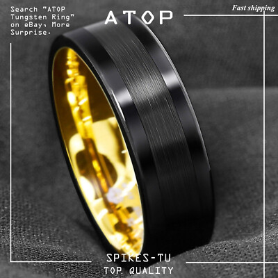 8mm Black Tungsten Carbide Ring Brushed Wedding Band 18K Gold ATOP mens jewelry