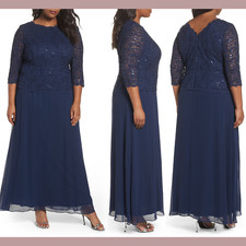 NEW 185 Alex Evenings PLUS 22W Mock Sequin Lace Chiffon Gown Navy S323