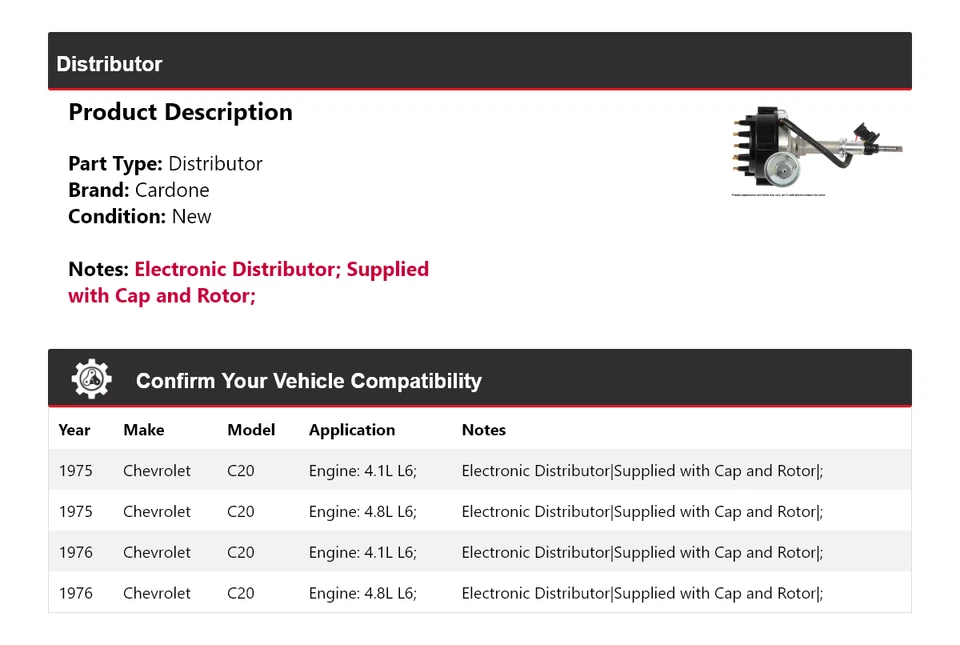 For 1975-1976 Chevrolet C20 Distributor Cardone - Image 2 of 4