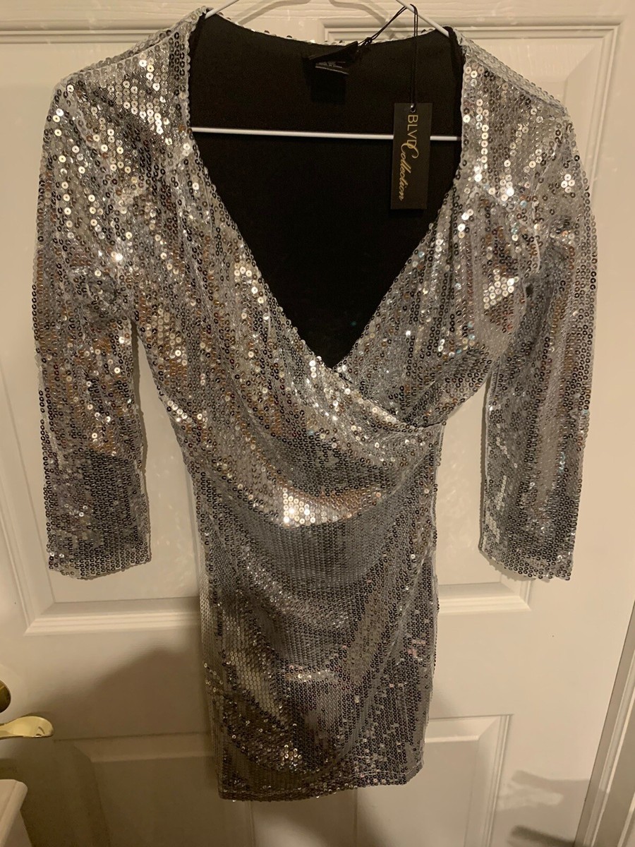metallic glitter mini dress Silver metallic long-sleeve sequined mini dress L / 8 / Silver