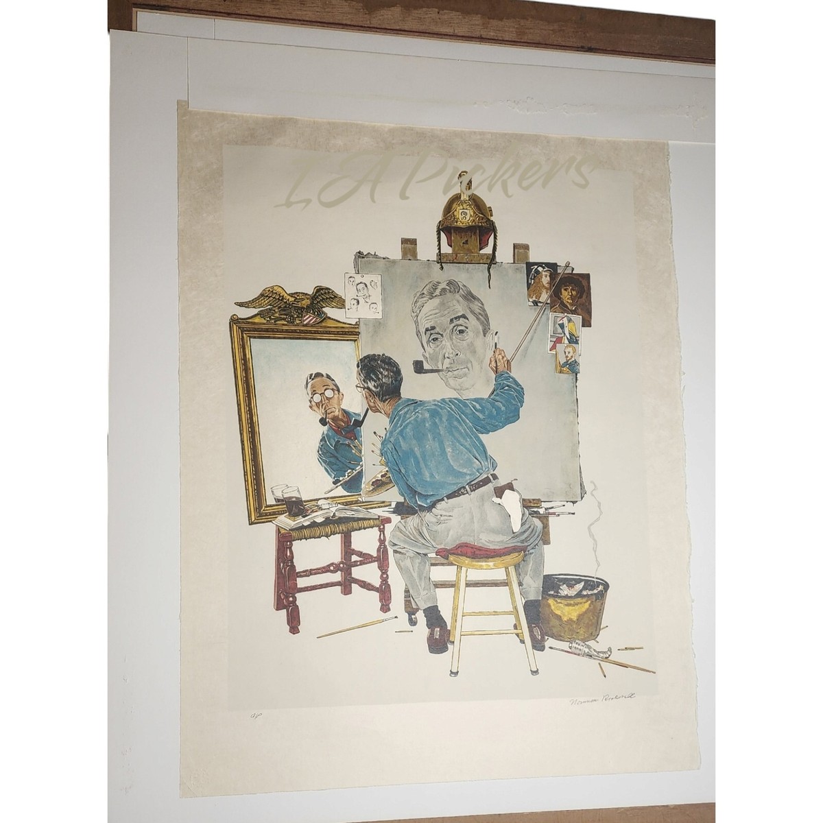 RARE NORMAN ROCKWELL SIGNED LITHOGRAPH TRIPLE SELF PORTRAIT ON