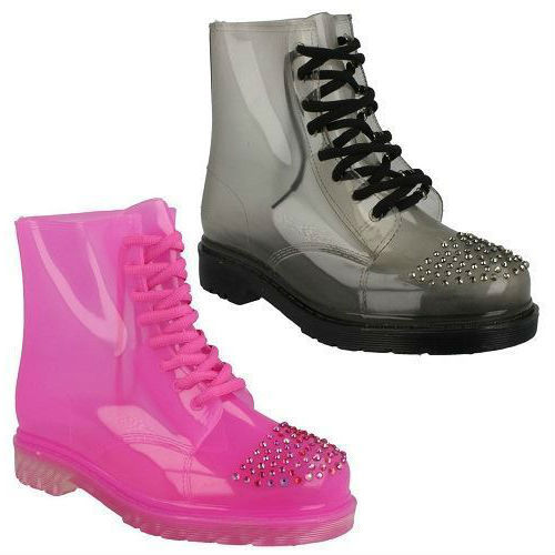 Mujer Lluvia Impermeable Transparente Cordones Tobillo Botas de Agua F50227  | eBay
