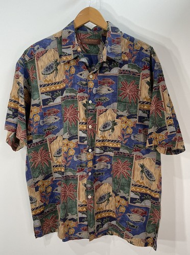 Tori Richard Hawaiian Shirt Sea Turtle Fish SZ L Cotton Lawn (HOLE Under Button