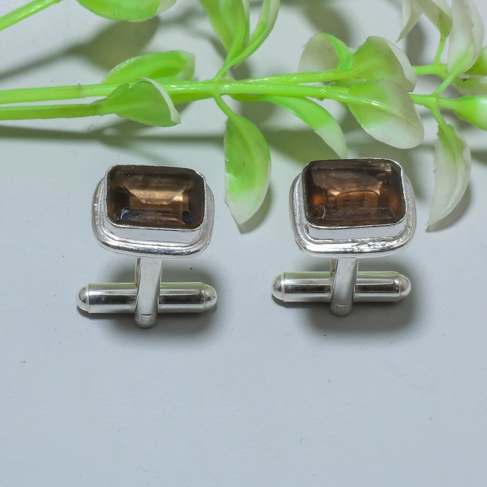 Gemelos de joyería hechos a mano de plata de ley .925 con piedras preciosas de topacio ahumado Foto 2 de 4