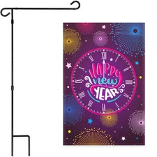 NEW G128 Garden Flag Happy New Year Midnight 12x18IN Garden Flag Stand Black