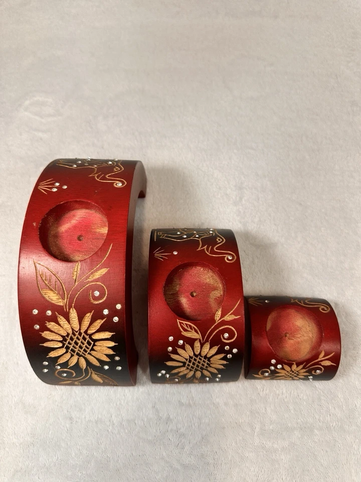 Red Ombré Wooden Elephants Floral Nesting Half Moon Candle Holders Hand Tealight - Image 3 of 4