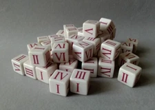 #821 - Lot of 50 Dice with Roman Numbers. Lot of 50 Roman numerals says: I-VI