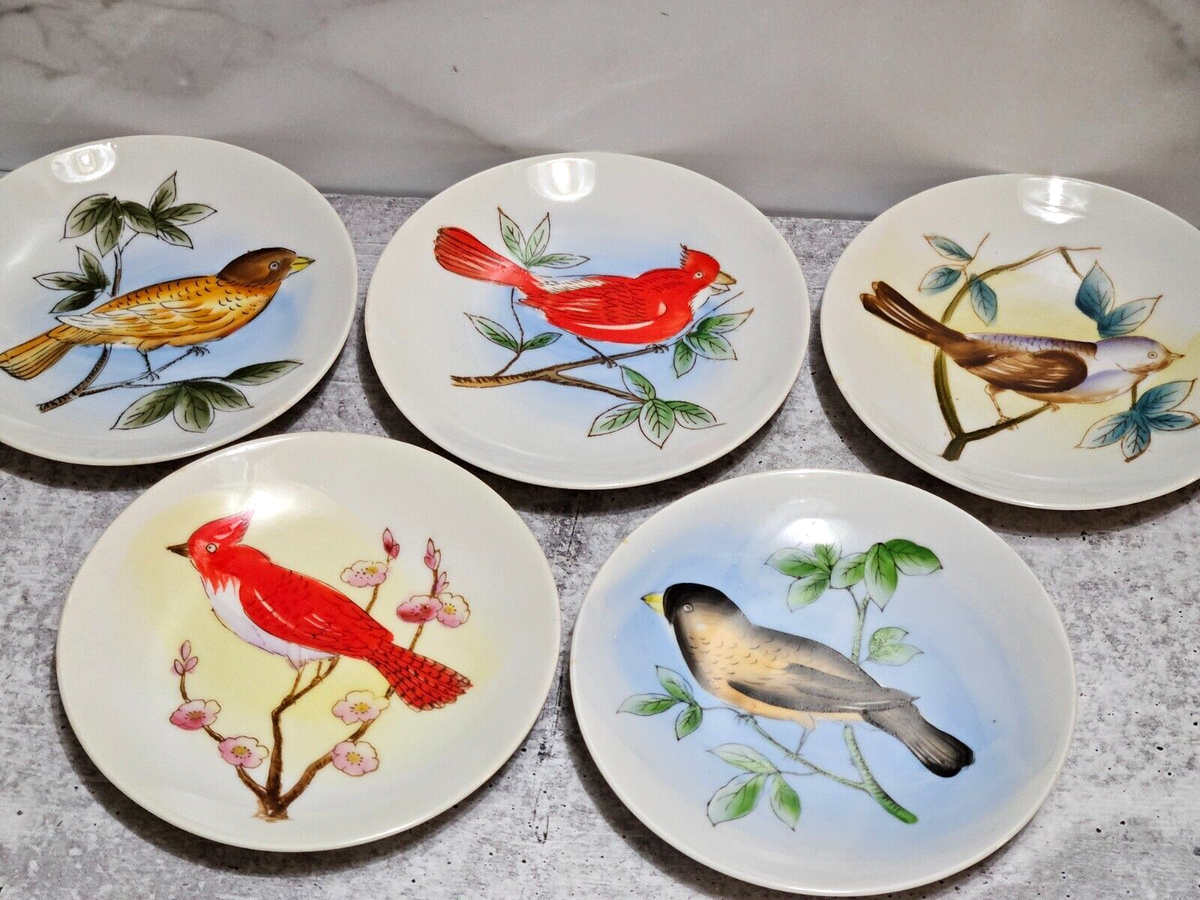 Bird Wall Decor Set of 5 Vintage Hand Painted 5.25
