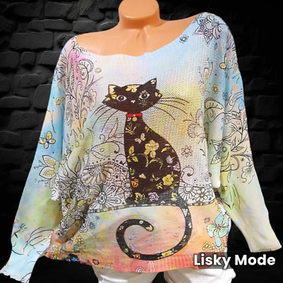 Italy Damen Pulli Shirt strick leichte Pulli Comics Bunte Katze 38,40, NEU