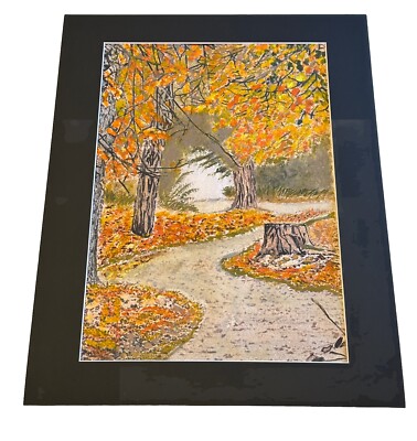Mark Leary Landschaftskunst A3 Watetcolour Gemälde Herbst Baumstamm Weg
