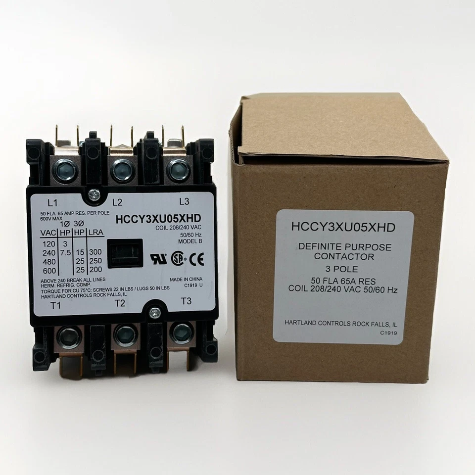 Hartland Controls HCCY3XU05XHD Contactor 3 Pole 50 FLA 65A Res Coil 208/240 VAC
