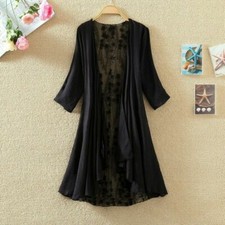 Ladies Lace Mesh Thin Coat Linen Cotton Floral Cardigan Pleated Hem Party Summer
