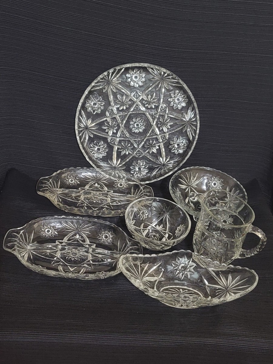 Vintage Anchor Hocking Star of David Cut Glassware Seven Piece Set