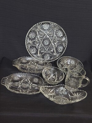 Vintage Anchor Hocking Star of David Cut Glassware Seven Piece Set