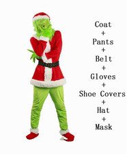 Grinch Santa Complete Outfit Costume Set w/ Mask Hat Coat Pants Belt 2XL