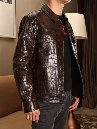 Men genuine Lambskin Alligator crocodile Pattern leather Trucker Jacket - Afbeelding 2 van 4