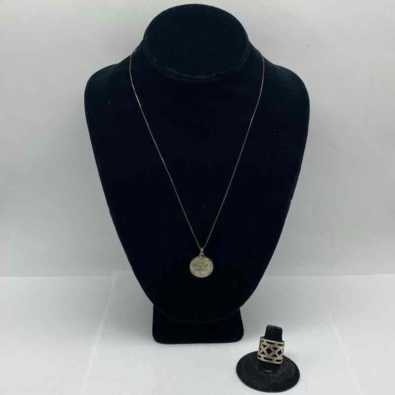 Sterling Silver 925 Grandmother Pendant Necklace & Geometric Band Ring Lot 12.1g