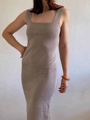 Dress Vintage Brown Cream Bodycon Stretch Spaghetti Straps Summer   M/L