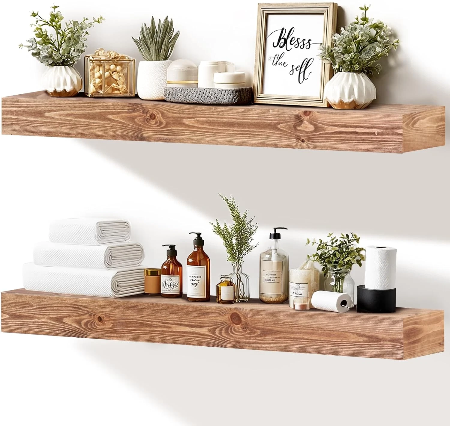 36X3X7 Inch Floating Shelves Wall Mounted - Set of 2 Wood Rustic Solid Wood Wall