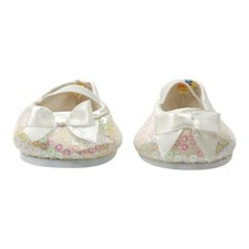 Build A Bear BAB White Pink Iridescent Sequin Ballet Flats Shoes Bow Plush Teddy