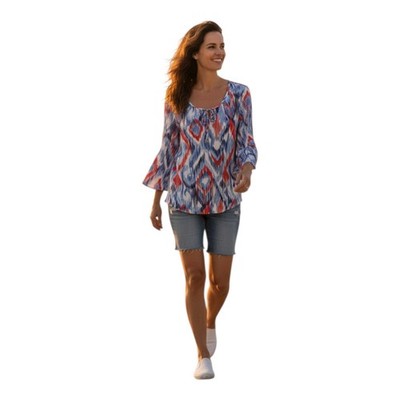 Ruby Rd. Women's L V-Neck Red White Blue Tie Neck Beads Patriotic Crinkled Top