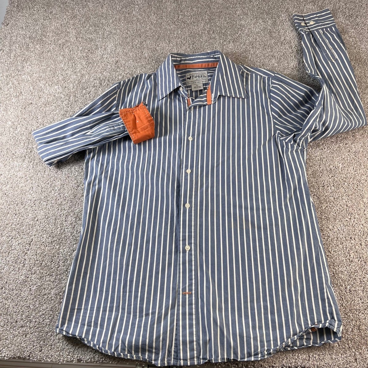 Fossil Striped Button Down Shirt Orange Cuff Detail Long Sleeve Preppy Casual XL View 5