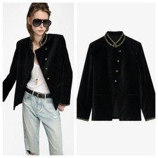 Women French Zadig Voltaire True Velvet Collared Embroidery Blazer Coat Top XS-L